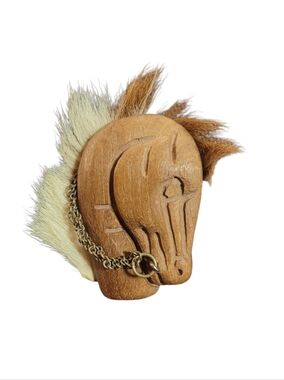 Vintage Brown Wood Horse Head Brooch with Mane 40s Mid Century Antique